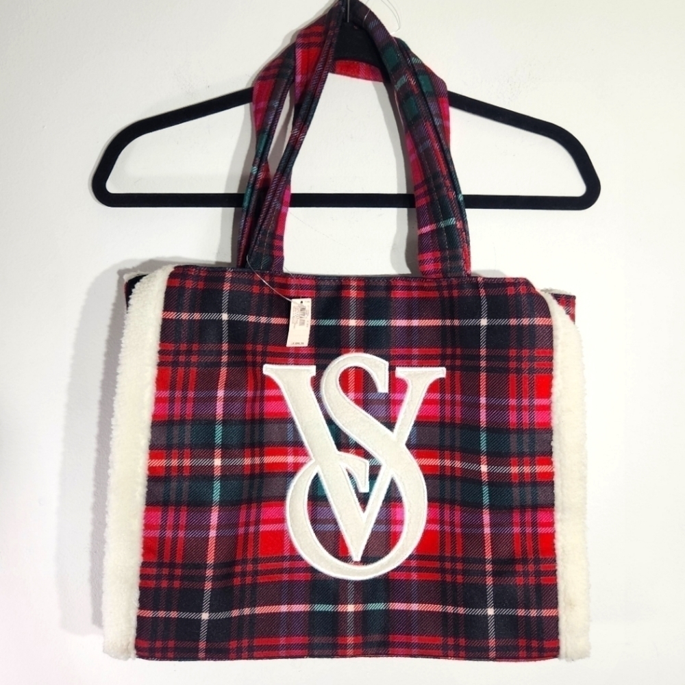 Victorias Secret Red Plaid Holiday Large Tote Bag Christmas - Picture 3 of 8